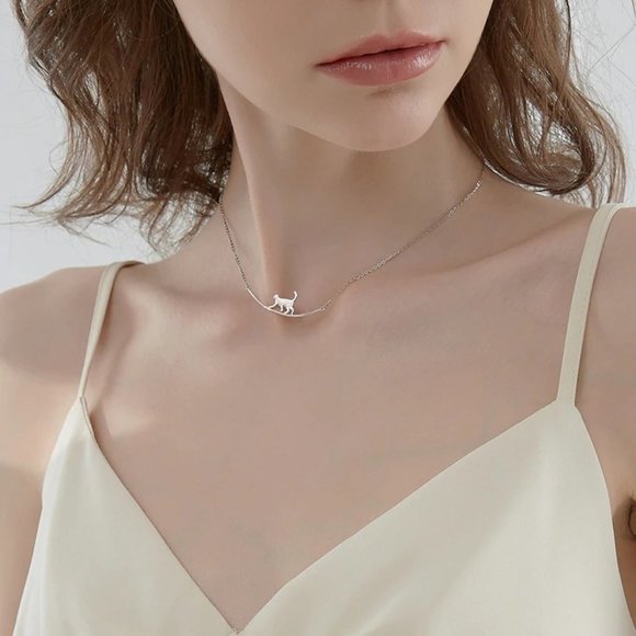 *NEW 925 Sterling Silver Cute Cat Bar Necklace - Picture 10 of 11